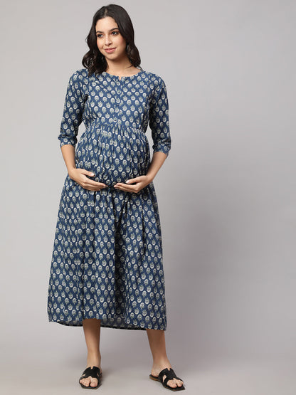 Women Blue Printed Flared Maternity Dress | LASVINI - Redefining Indian Fashion with Elegance