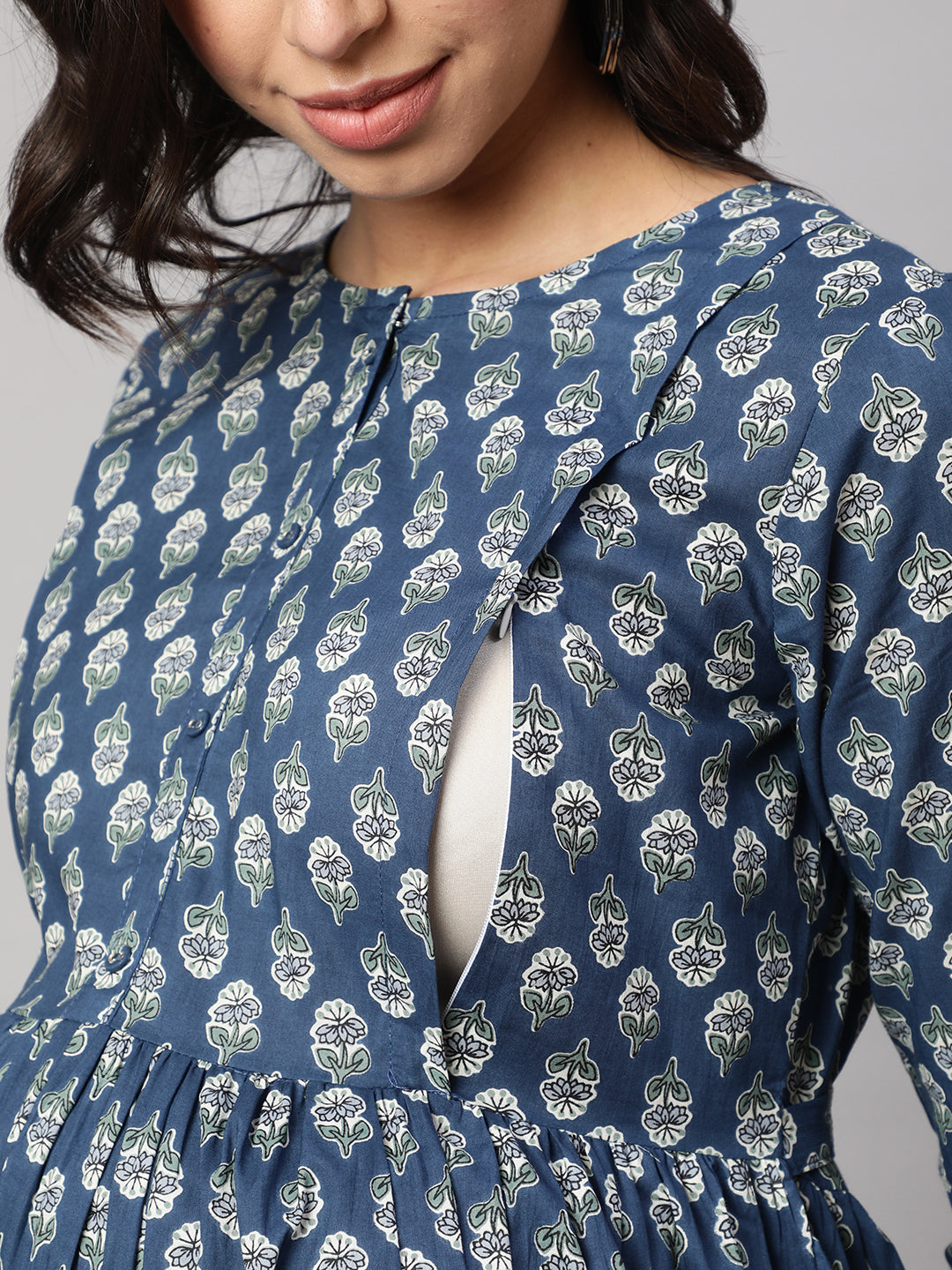 Women Blue Printed Flared Maternity Dress | LASVINI - Redefining Indian Fashion with Elegance