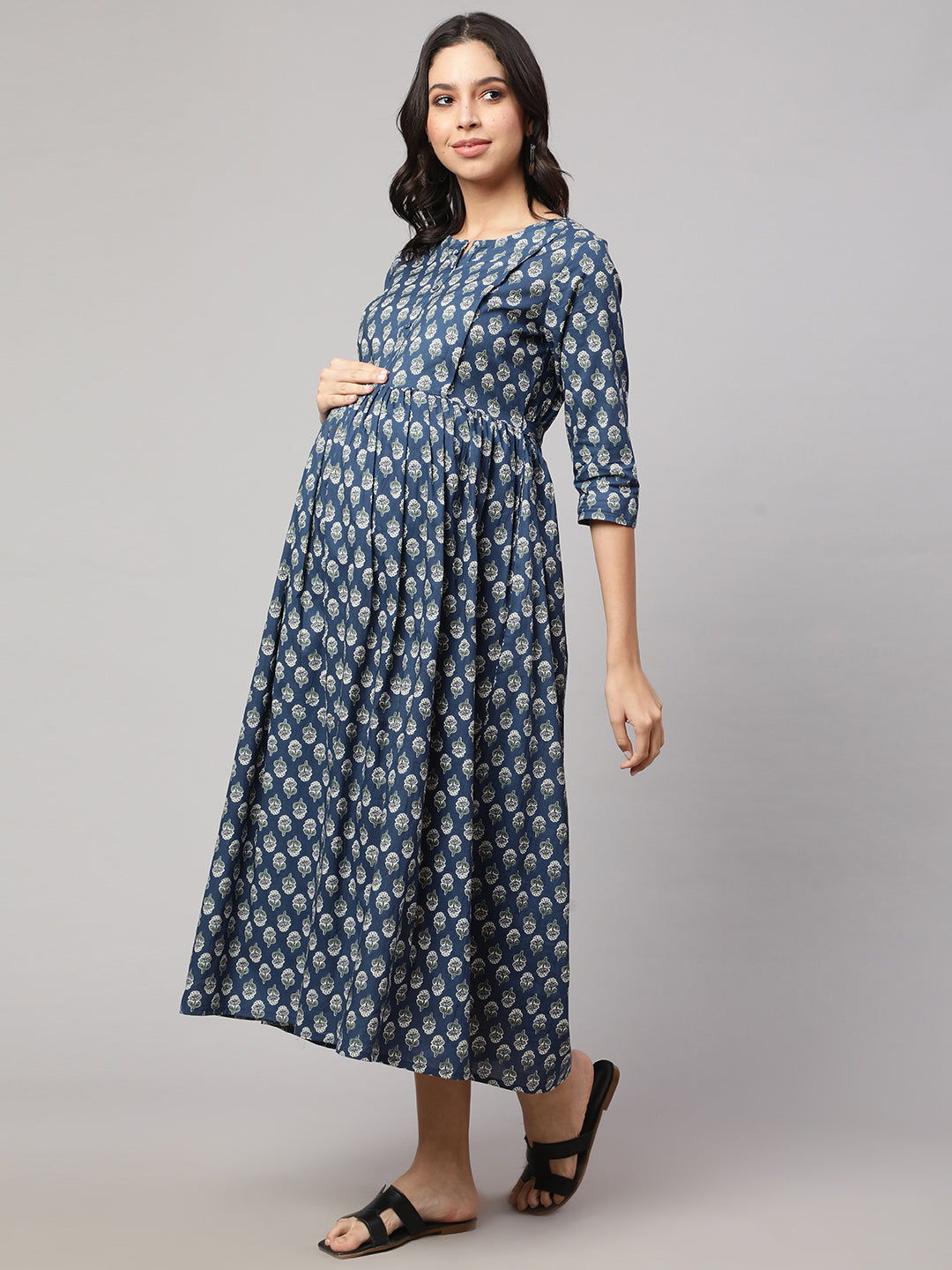 Women Blue Printed Flared Maternity Dress | LASVINI - Redefining Indian Fashion with Elegance