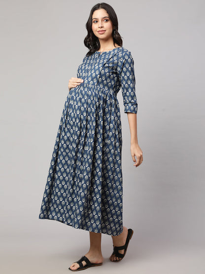 Women Blue Printed Flared Maternity Dress | LASVINI - Redefining Indian Fashion with Elegance
