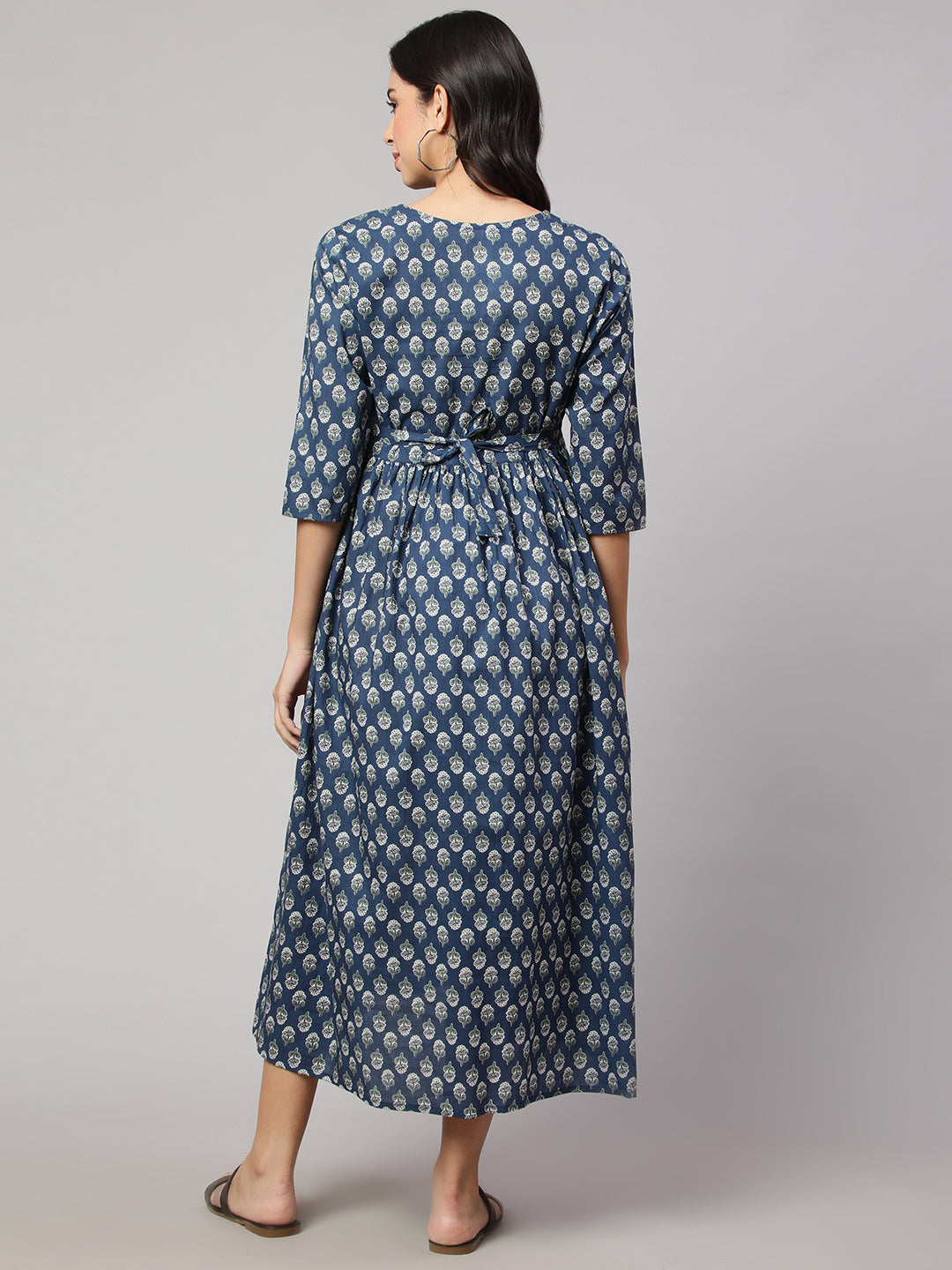 Women Blue Printed Flared Maternity Dress | LASVINI - Redefining Indian Fashion with Elegance