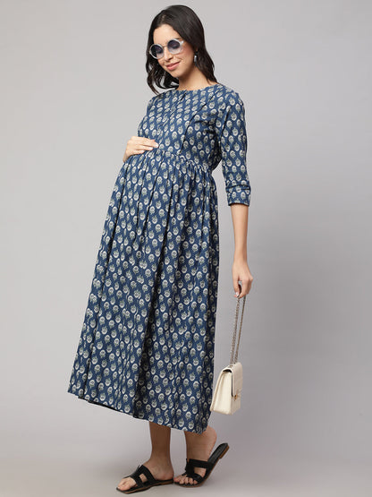 Women Blue Printed Flared Maternity Dress | LASVINI - Redefining Indian Fashion with Elegance