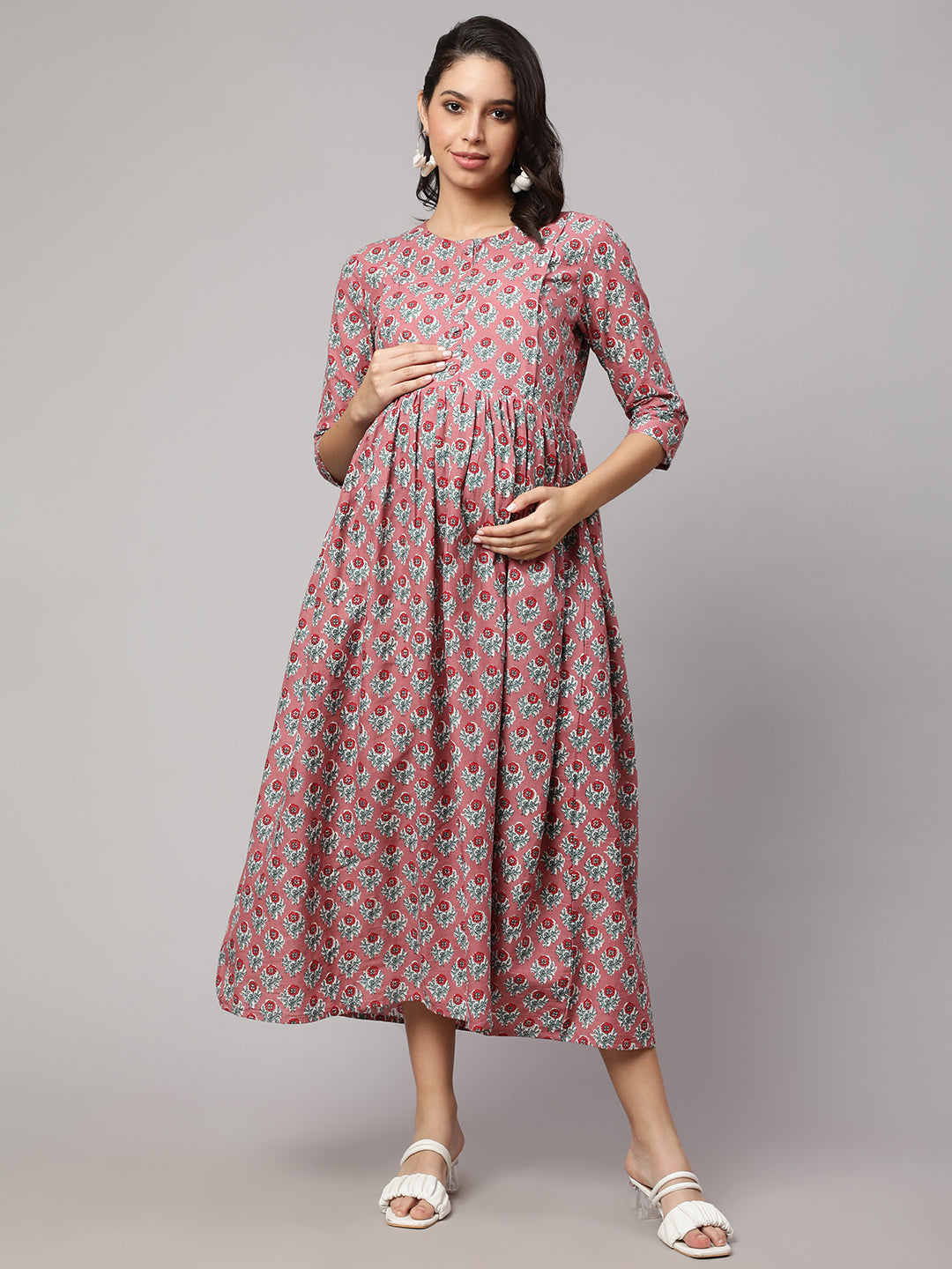 Women Mauve Floral Printed Flared Maternity Dress | LASVINI - Redefining Indian Fashion with Elegance