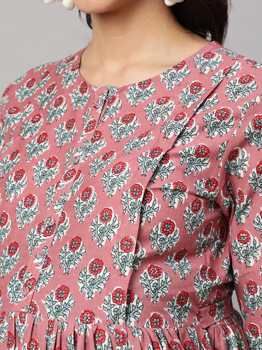 Women Mauve Floral Printed Flared Maternity Dress | LASVINI - Redefining Indian Fashion with Elegance