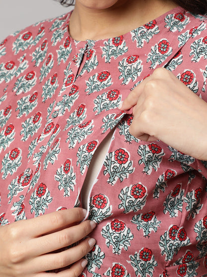 Women Mauve Floral Printed Flared Maternity Dress | LASVINI - Redefining Indian Fashion with Elegance