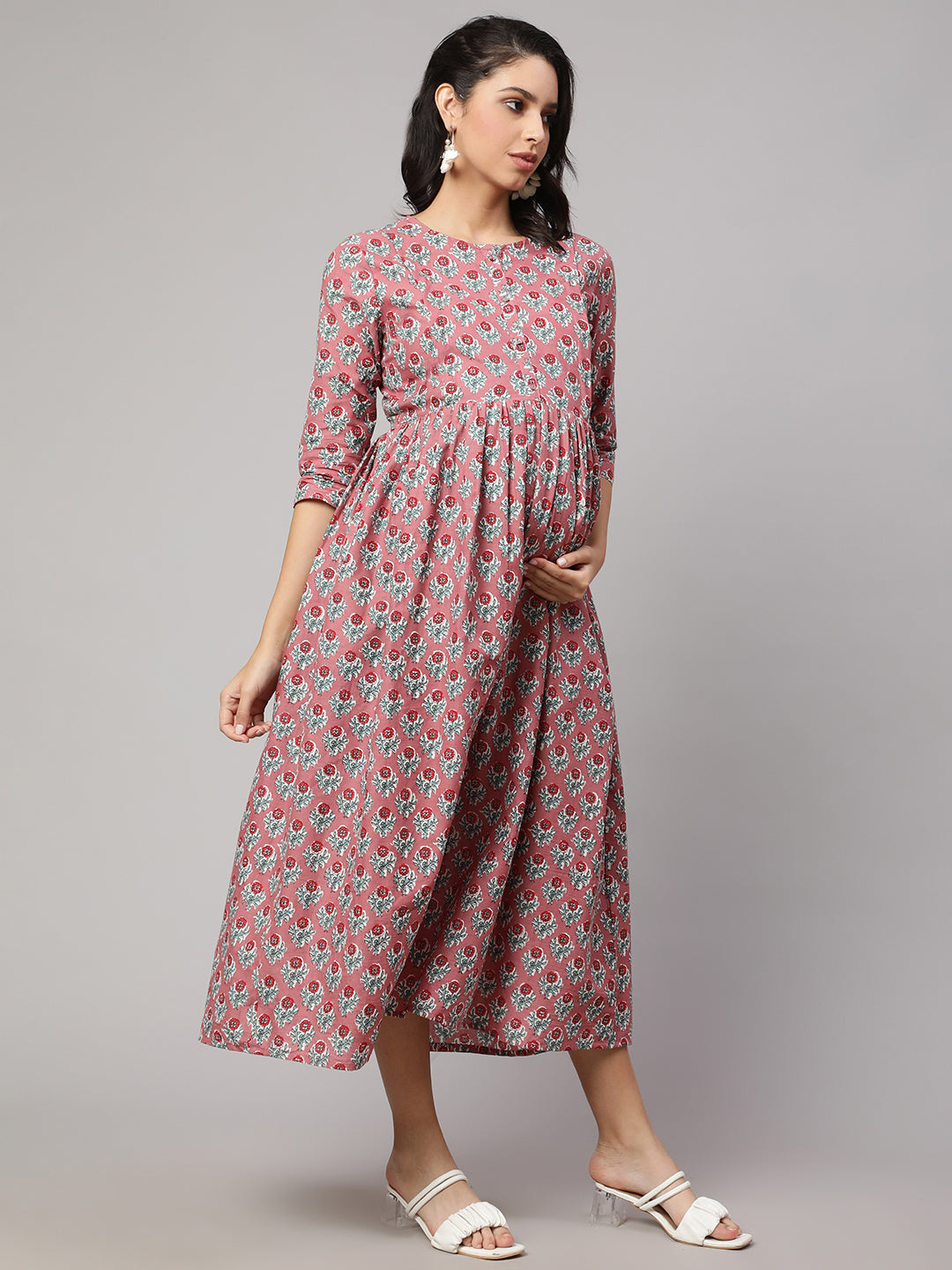 Women Mauve Floral Printed Flared Maternity Dress | LASVINI - Redefining Indian Fashion with Elegance
