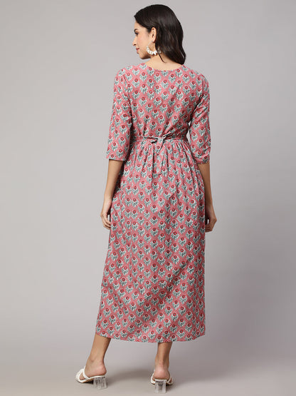 Women Mauve Floral Printed Flared Maternity Dress | LASVINI - Redefining Indian Fashion with Elegance