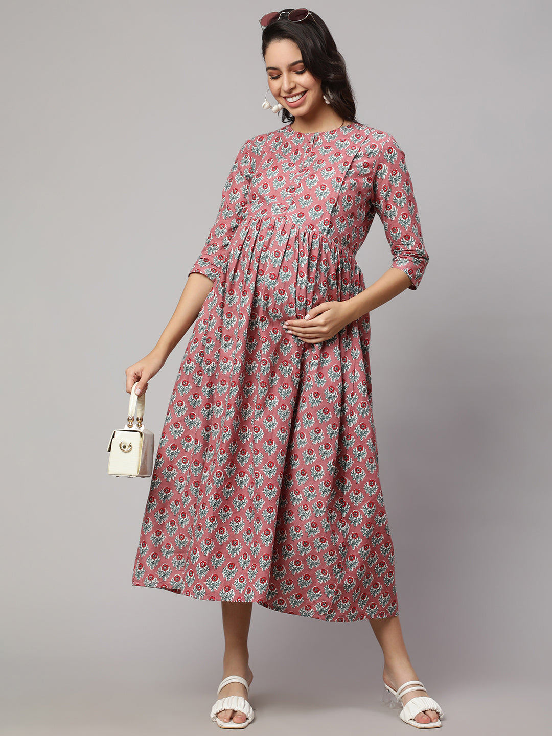 Women Mauve Floral Printed Flared Maternity Dress | LASVINI - Redefining Indian Fashion with Elegance
