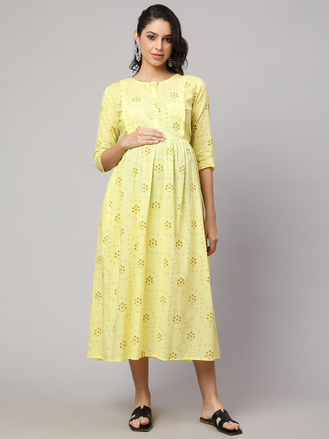 Women Lemon Yellow Printed Maternity Dress | LASVINI - Redefining Indian Fashion with Elegance
