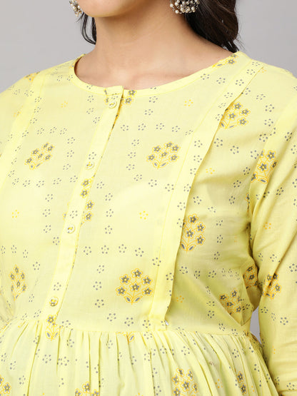 Women Lemon Yellow Printed Maternity Dress | LASVINI - Redefining Indian Fashion with Elegance