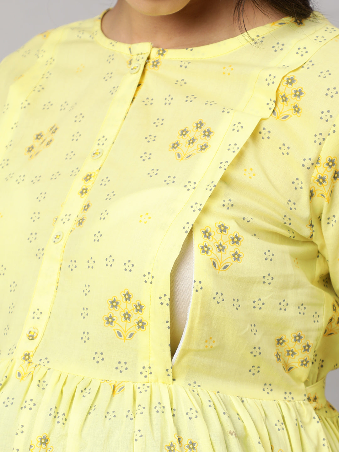 Women Lemon Yellow Printed Maternity Dress | LASVINI - Redefining Indian Fashion with Elegance