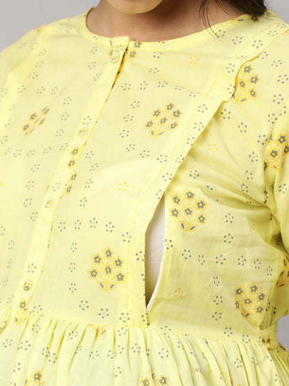 Women Lemon Yellow Printed Maternity Dress | LASVINI - Redefining Indian Fashion with Elegance