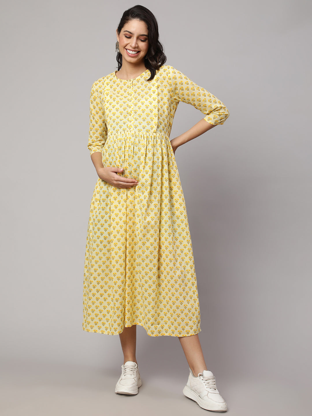 Women Cream Printed Maternity Dress | LASVINI - Redefining Indian Fashion with Elegance