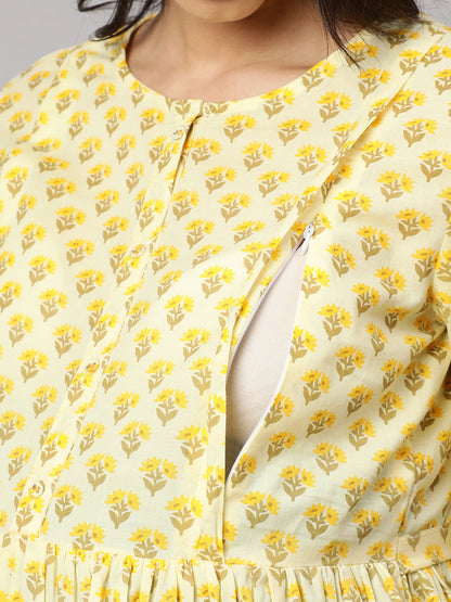 Women Cream Printed Maternity Dress | LASVINI - Redefining Indian Fashion with Elegance