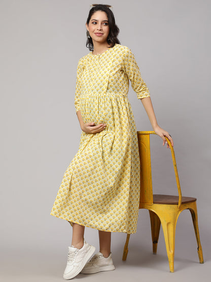 Women Cream Printed Maternity Dress | LASVINI - Redefining Indian Fashion with Elegance