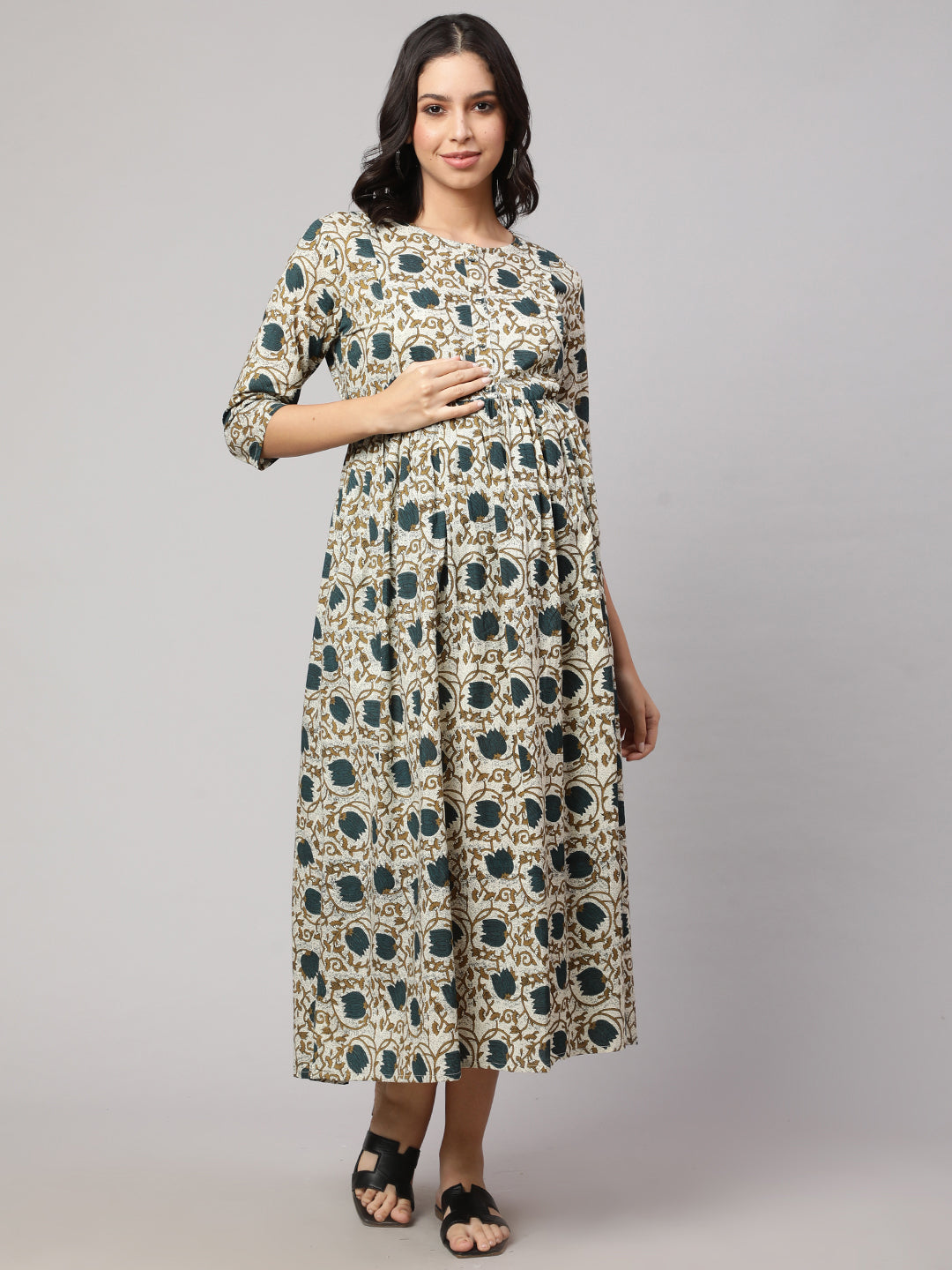 Women Beige Printed Flared Maternity Dress | LASVINI - Redefining Indian Fashion with Elegance