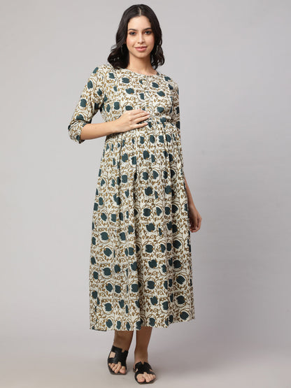 Women Beige Printed Flared Maternity Dress | LASVINI - Redefining Indian Fashion with Elegance