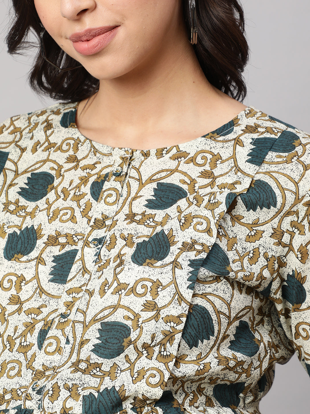 Women Beige Printed Flared Maternity Dress | LASVINI - Redefining Indian Fashion with Elegance