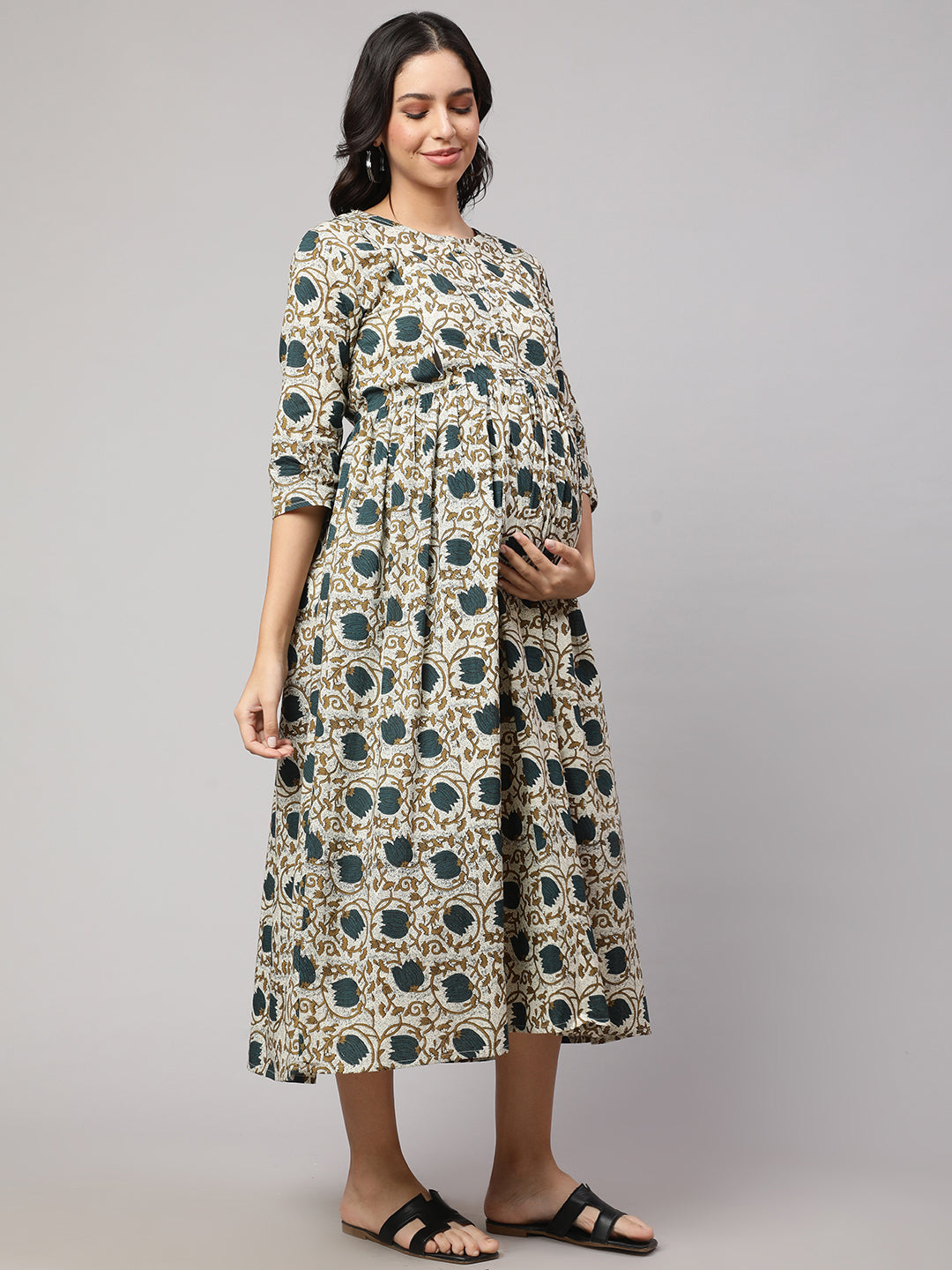 Women Beige Printed Flared Maternity Dress | LASVINI - Redefining Indian Fashion with Elegance