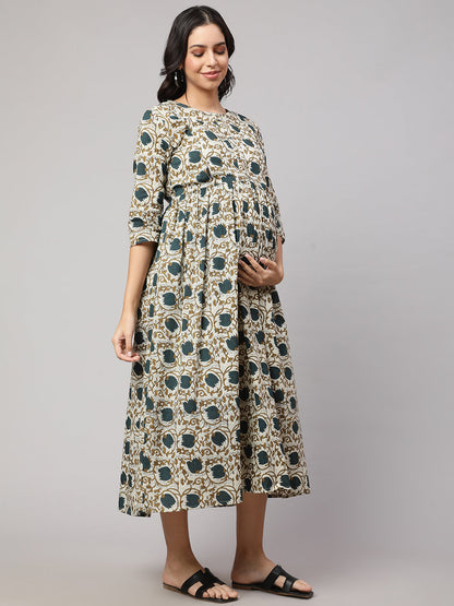 Women Beige Printed Flared Maternity Dress | LASVINI - Redefining Indian Fashion with Elegance