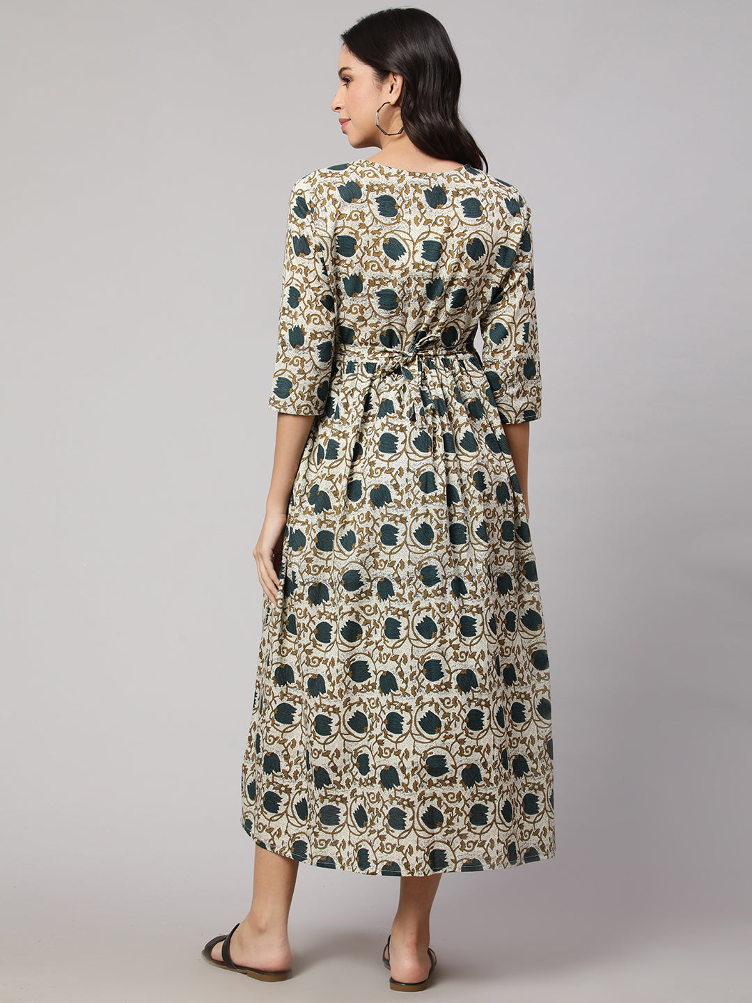 Women Beige Printed Flared Maternity Dress | LASVINI - Redefining Indian Fashion with Elegance