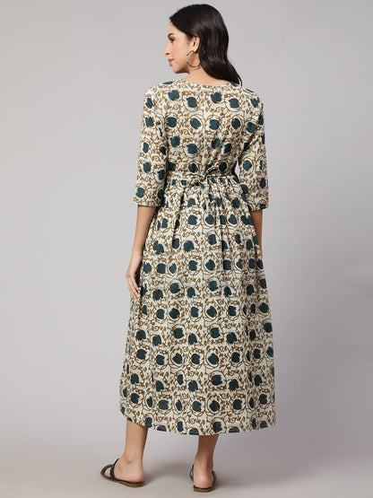 Women Beige Printed Flared Maternity Dress | LASVINI - Redefining Indian Fashion with Elegance