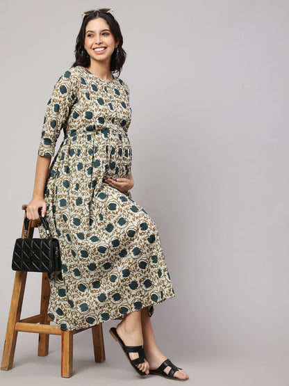 Women Beige Printed Flared Maternity Dress | LASVINI - Redefining Indian Fashion with Elegance
