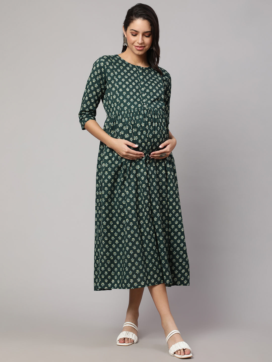 Women Green Ethnic Printed Maternity Dress | LASVINI - Redefining Indian Fashion with Elegance