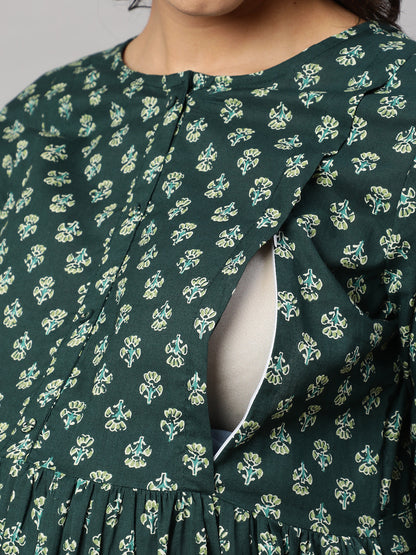 Women Green Ethnic Printed Maternity Dress | LASVINI - Redefining Indian Fashion with Elegance