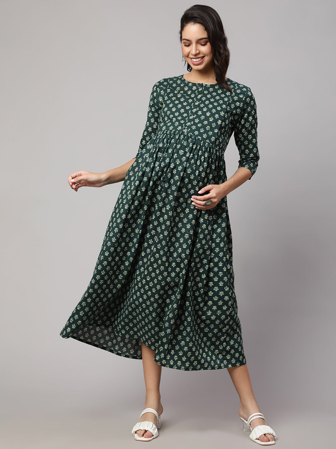 Women Green Ethnic Printed Maternity Dress | LASVINI - Redefining Indian Fashion with Elegance