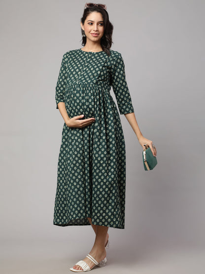 Women Green Ethnic Printed Maternity Dress | LASVINI - Redefining Indian Fashion with Elegance