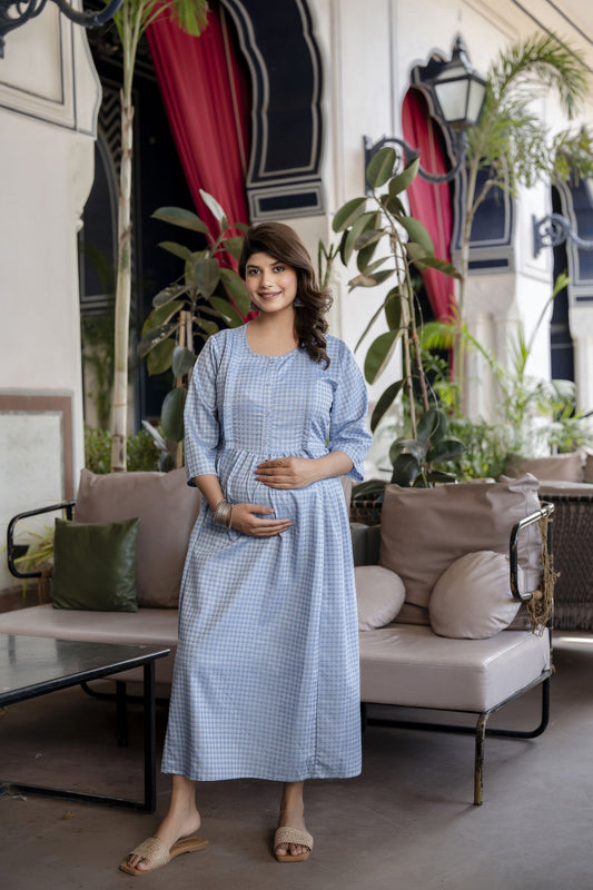 Women Blue Printed Flared Maternity Dress | LASVINI - Redefining Indian Fashion with Elegance