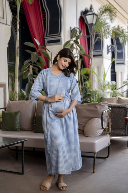 Women Blue Printed Flared Maternity Dress | LASVINI - Redefining Indian Fashion with Elegance