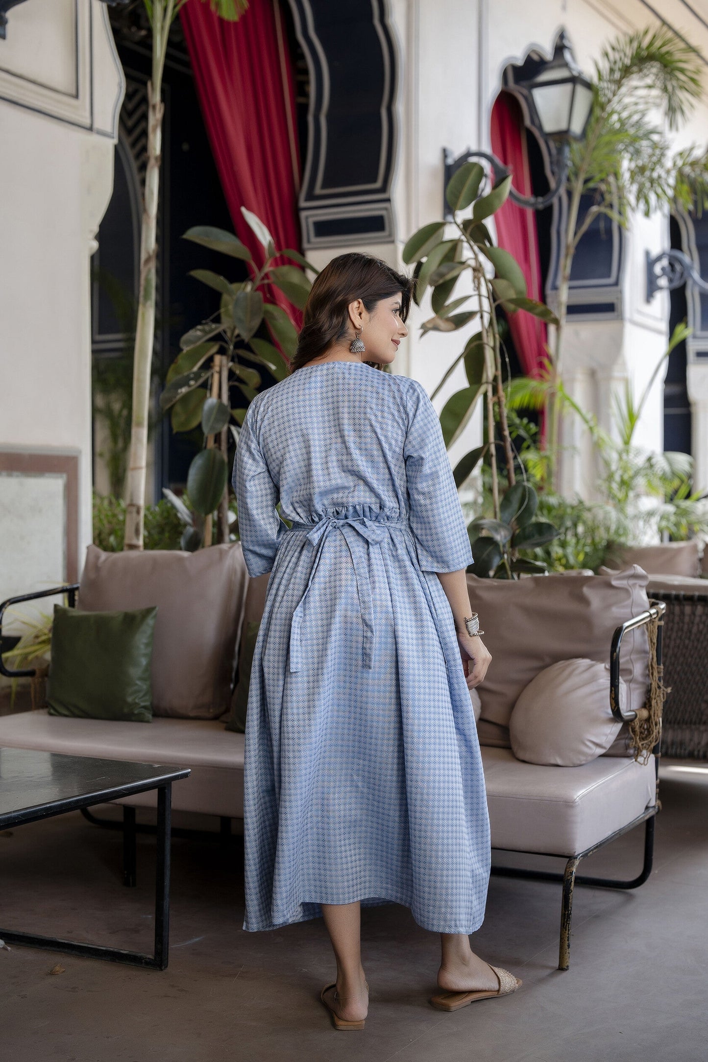 Women Blue Printed Flared Maternity Dress | LASVINI - Redefining Indian Fashion with Elegance