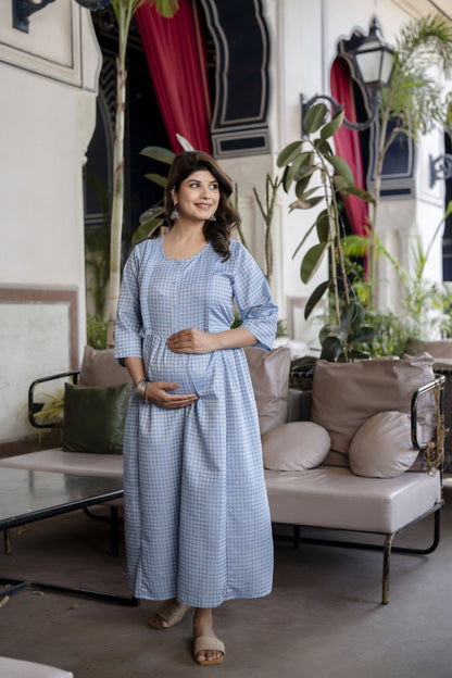 Women Blue Printed Flared Maternity Dress | LASVINI - Redefining Indian Fashion with Elegance