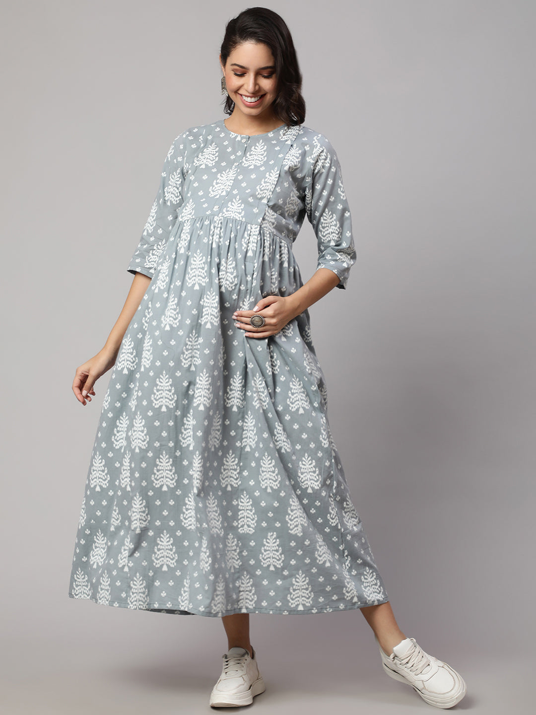 Women Grey Ethnic Printed Maternity Dress | LASVINI - Redefining Indian Fashion with Elegance