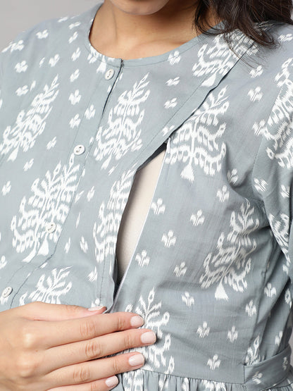 Women Grey Ethnic Printed Maternity Dress | LASVINI - Redefining Indian Fashion with Elegance