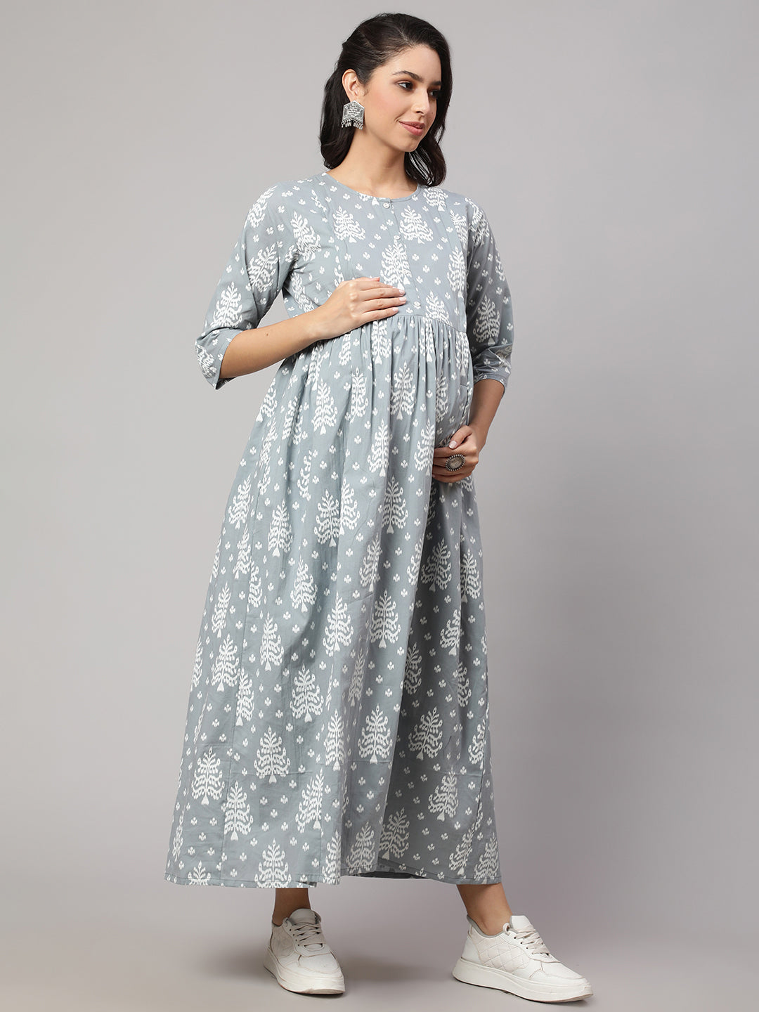 Women Grey Ethnic Printed Maternity Dress | LASVINI - Redefining Indian Fashion with Elegance