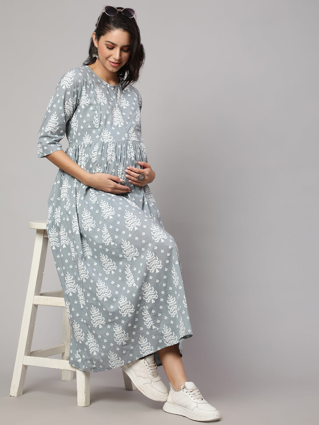 Women Grey Ethnic Printed Maternity Dress | LASVINI - Redefining Indian Fashion with Elegance