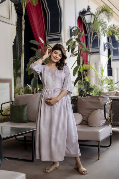 Women Taupe Geometric Printed Maternity Dress | LASVINI - Redefining Indian Fashion with Elegance