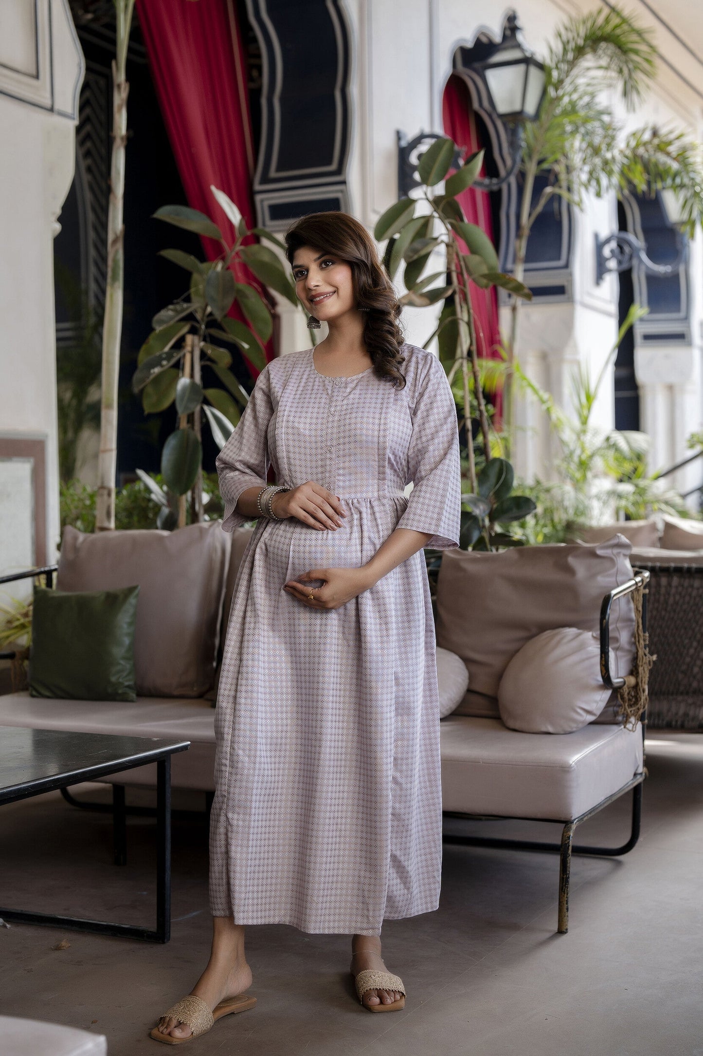 Women Taupe Geometric Printed Maternity Dress | LASVINI - Redefining Indian Fashion with Elegance
