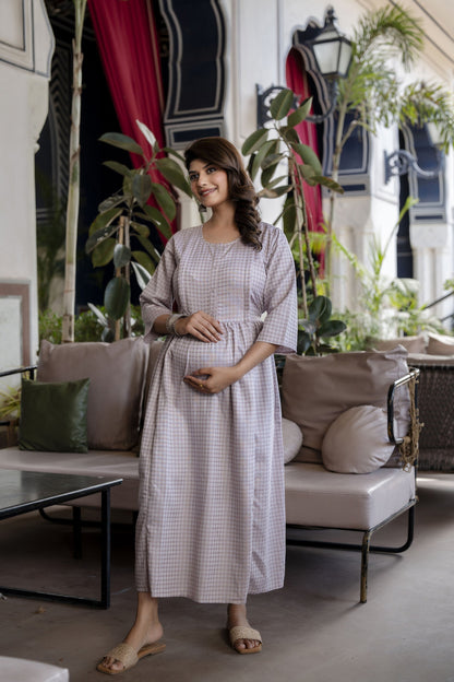 Women Taupe Geometric Printed Maternity Dress | LASVINI - Redefining Indian Fashion with Elegance