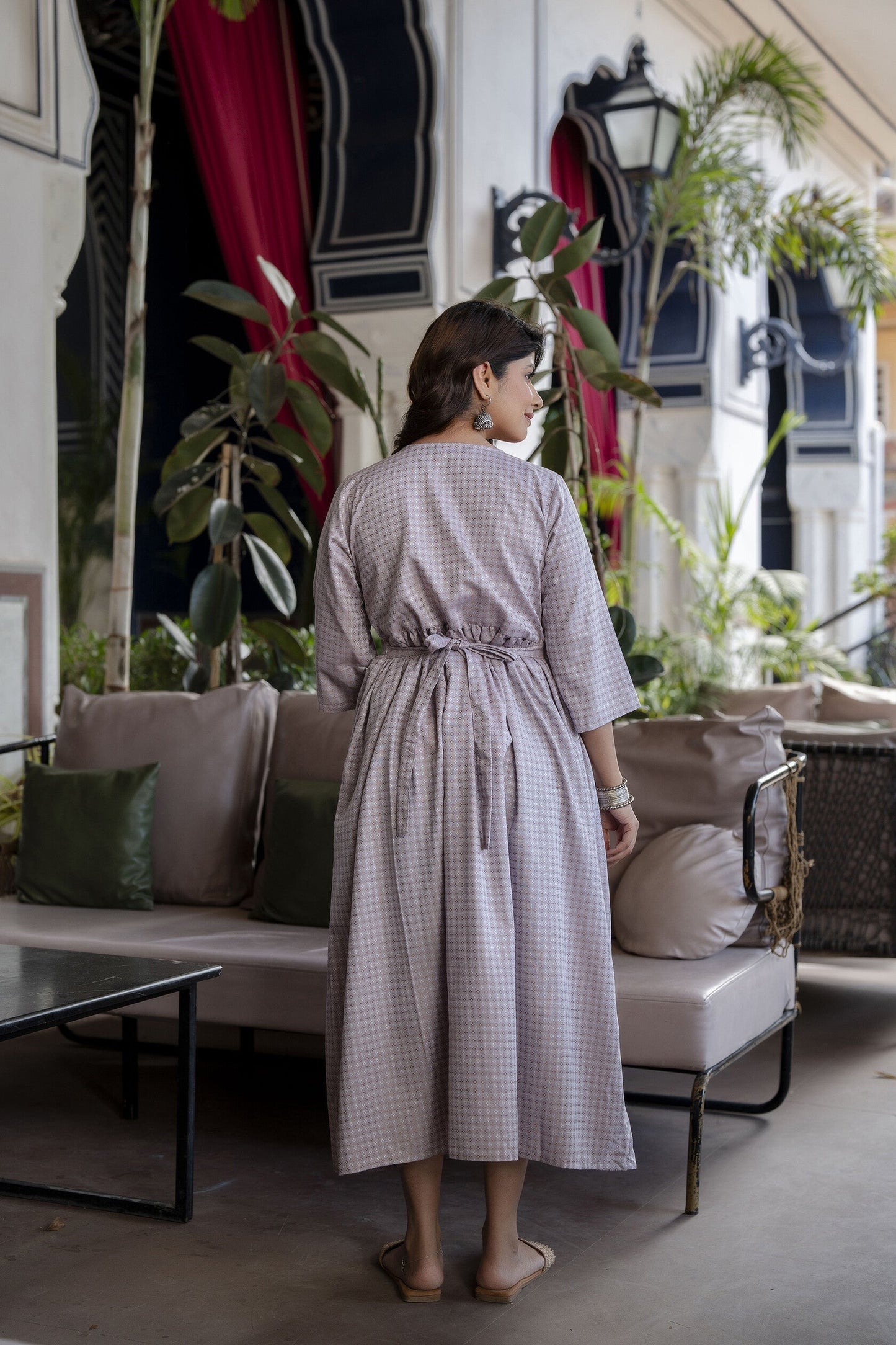 Women Taupe Geometric Printed Maternity Dress | LASVINI - Redefining Indian Fashion with Elegance