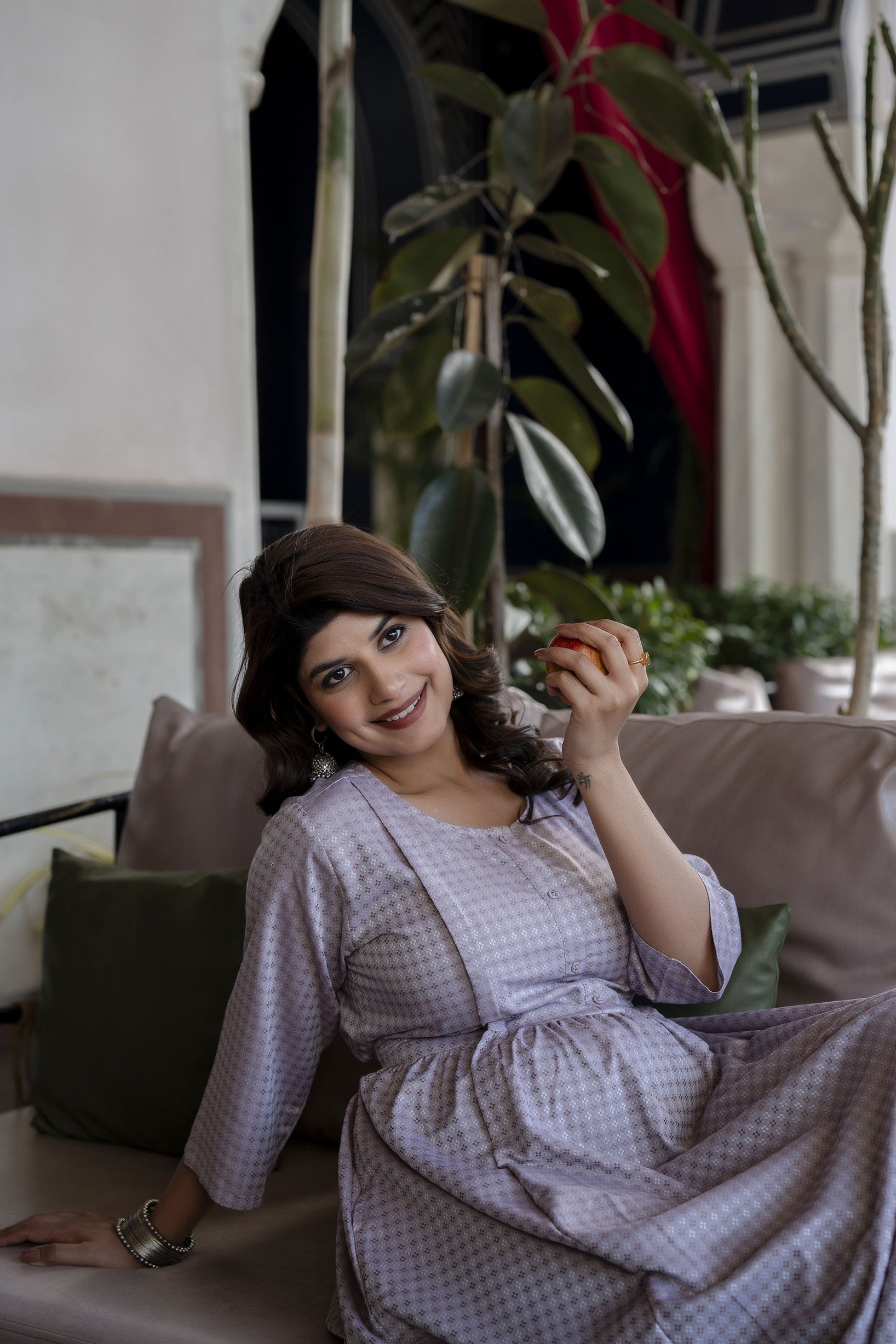 Women Taupe Geometric Printed Maternity Dress | LASVINI - Redefining Indian Fashion with Elegance