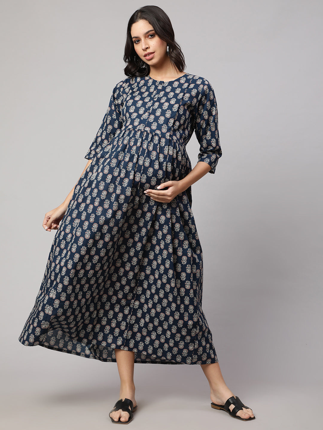 Women Blue Printed Flared Maternity Dress | LASVINI - Redefining Indian Fashion with Elegance