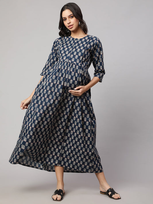 Women Blue Printed Flared Maternity Dress | LASVINI - Redefining Indian Fashion with Elegance