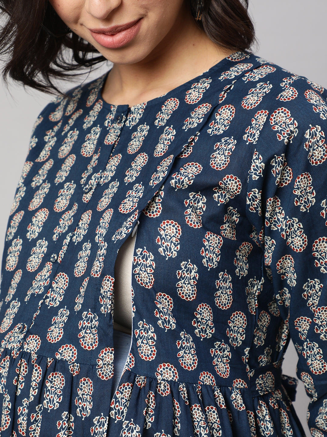 Women Blue Printed Flared Maternity Dress | LASVINI - Redefining Indian Fashion with Elegance
