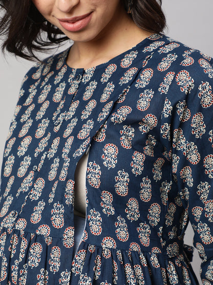 Women Blue Printed Flared Maternity Dress | LASVINI - Redefining Indian Fashion with Elegance