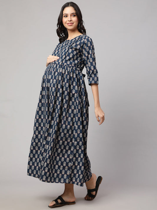 Women Blue Printed Flared Maternity Dress | LASVINI - Redefining Indian Fashion with Elegance