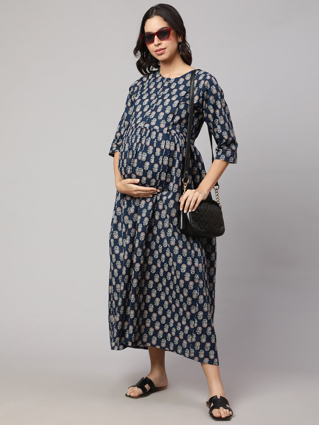 Women Blue Printed Flared Maternity Dress | LASVINI - Redefining Indian Fashion with Elegance